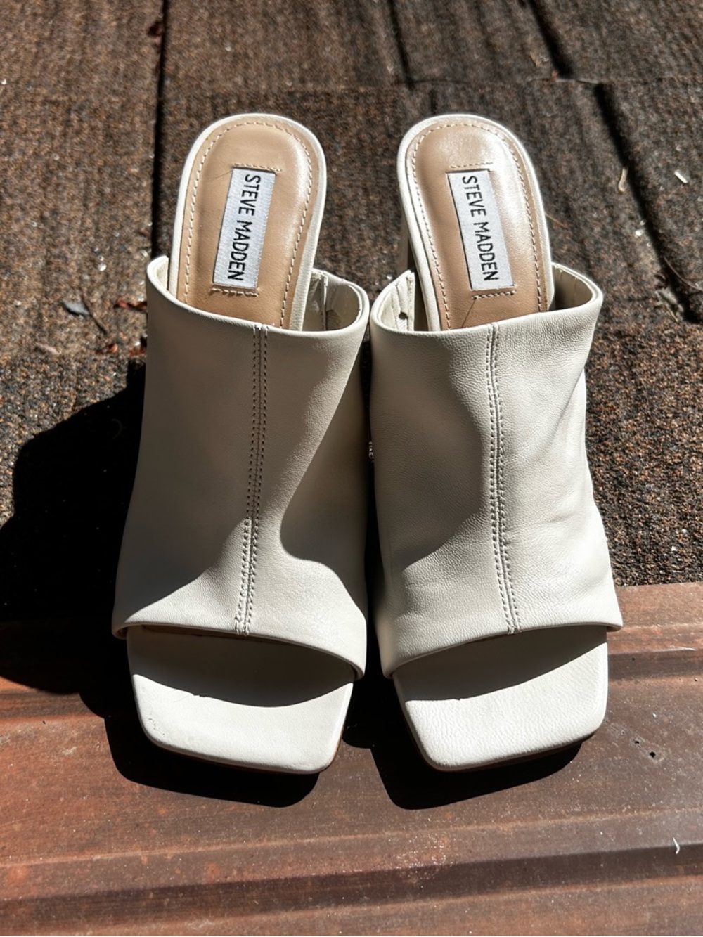 Steve Madden Cream Leather Open-Toe Slip-On Mules, Size 9.5